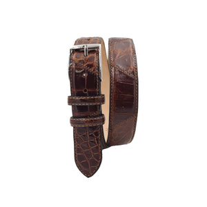 Cintura  3,5 cm in vero Coccodrillo Cognac lucido con fibbia argentata anallergica