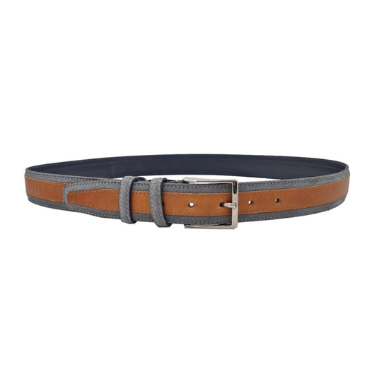 Cintura in cuoio e pelle scamosciata 3,5 cm bicolore con fibbia anallergica - Grigio