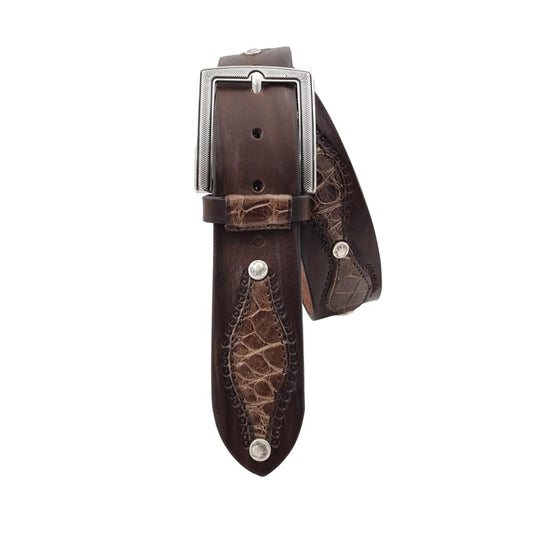 Cintura 4 cm in vero cuoio e vero coccodrillo con borchie metalliche e fibbia intarsiata. - ESPERANTOBELTS