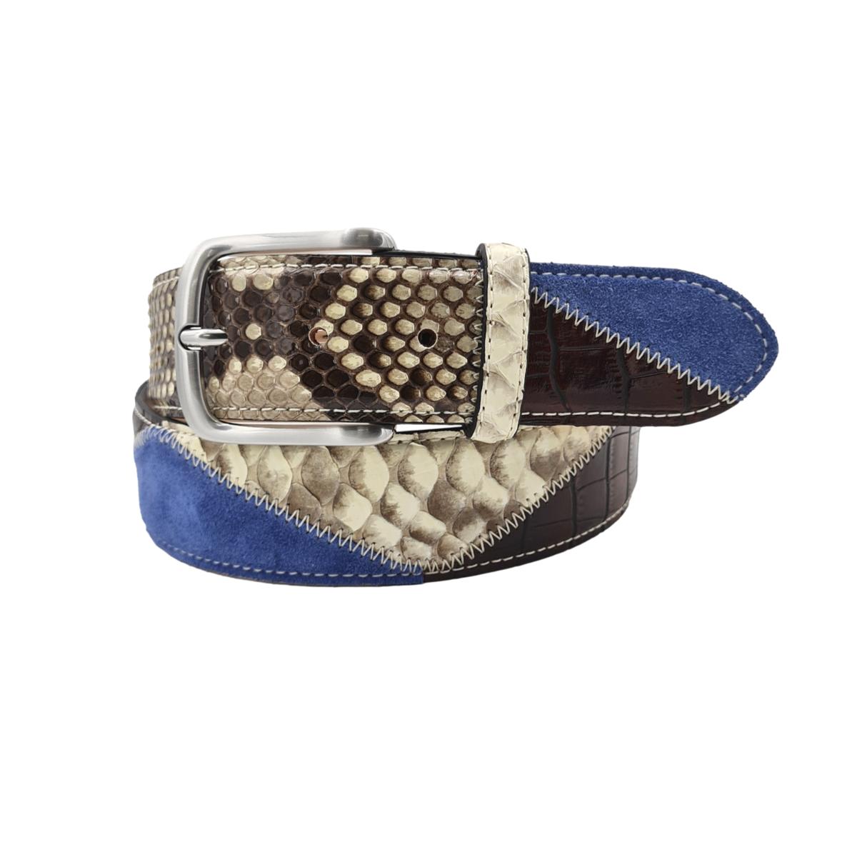 Cintura 4 cm in  Pitone e pelle stampata con fibbia anallergica - Azzurro