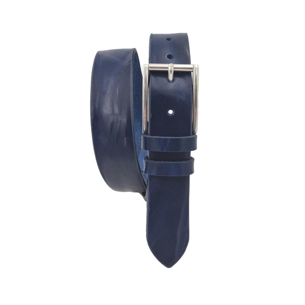 Cintura vero Cuoio 3,5 cm bottalata Plissè Accorciabile - Blu Cobalto