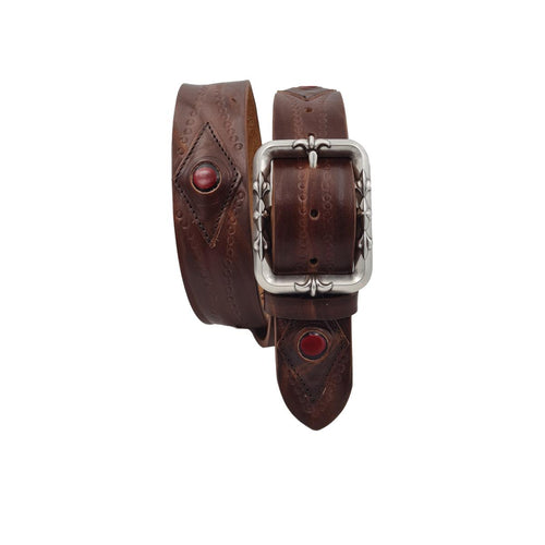Cintura 4 cm in cuoio lavorato e anticato con ricami e fibbia intarsiata
