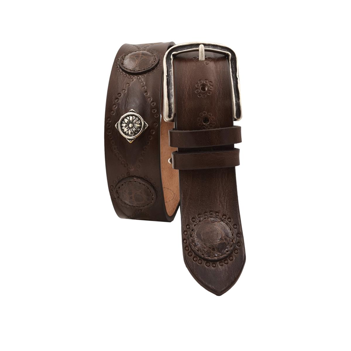 Cintura 4 cm in vero cuoio con borchie metalliche e decori circolari in vero coccodrillo
