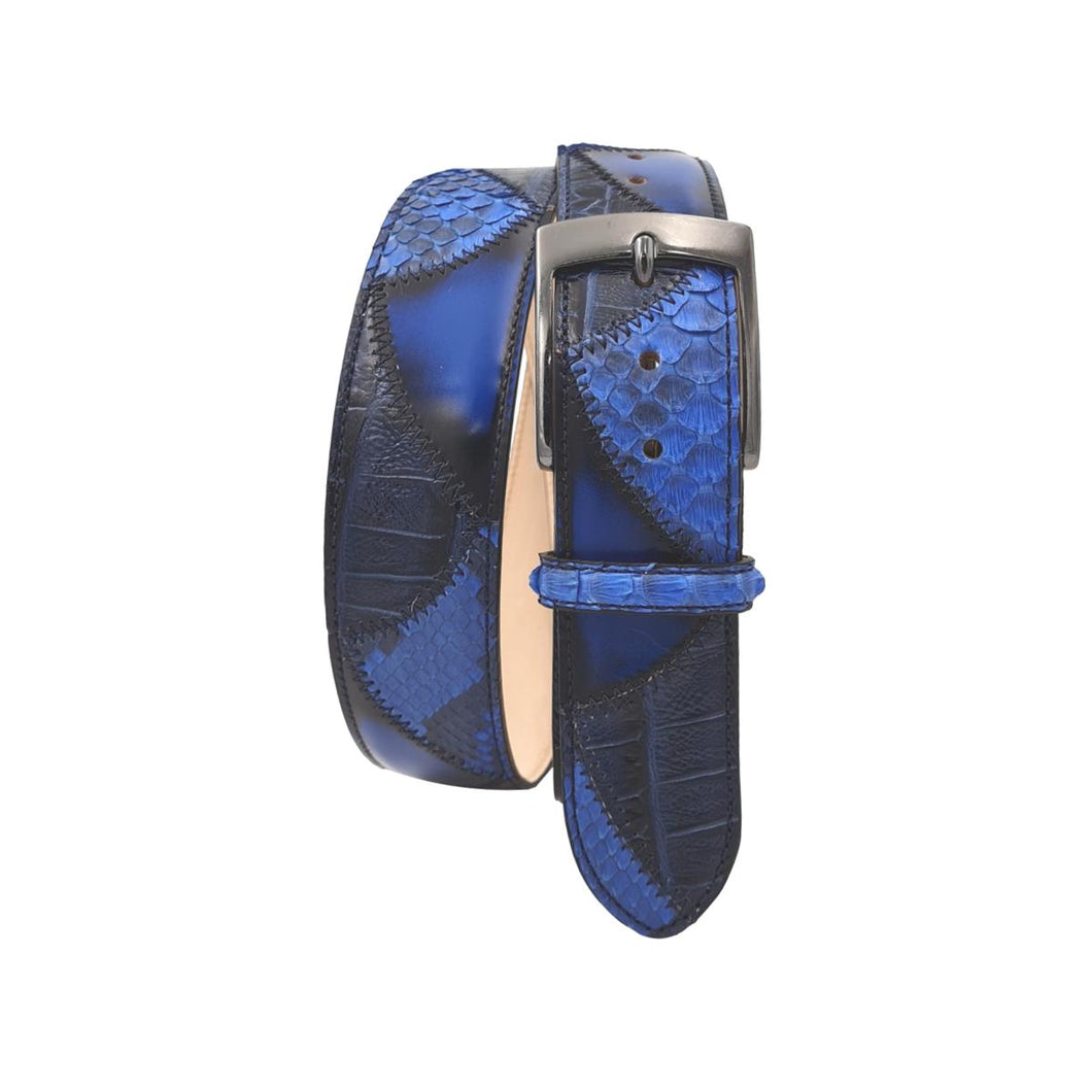 Cintura Blu 4 cm in Vero Pitone e cuoio anticato a mano