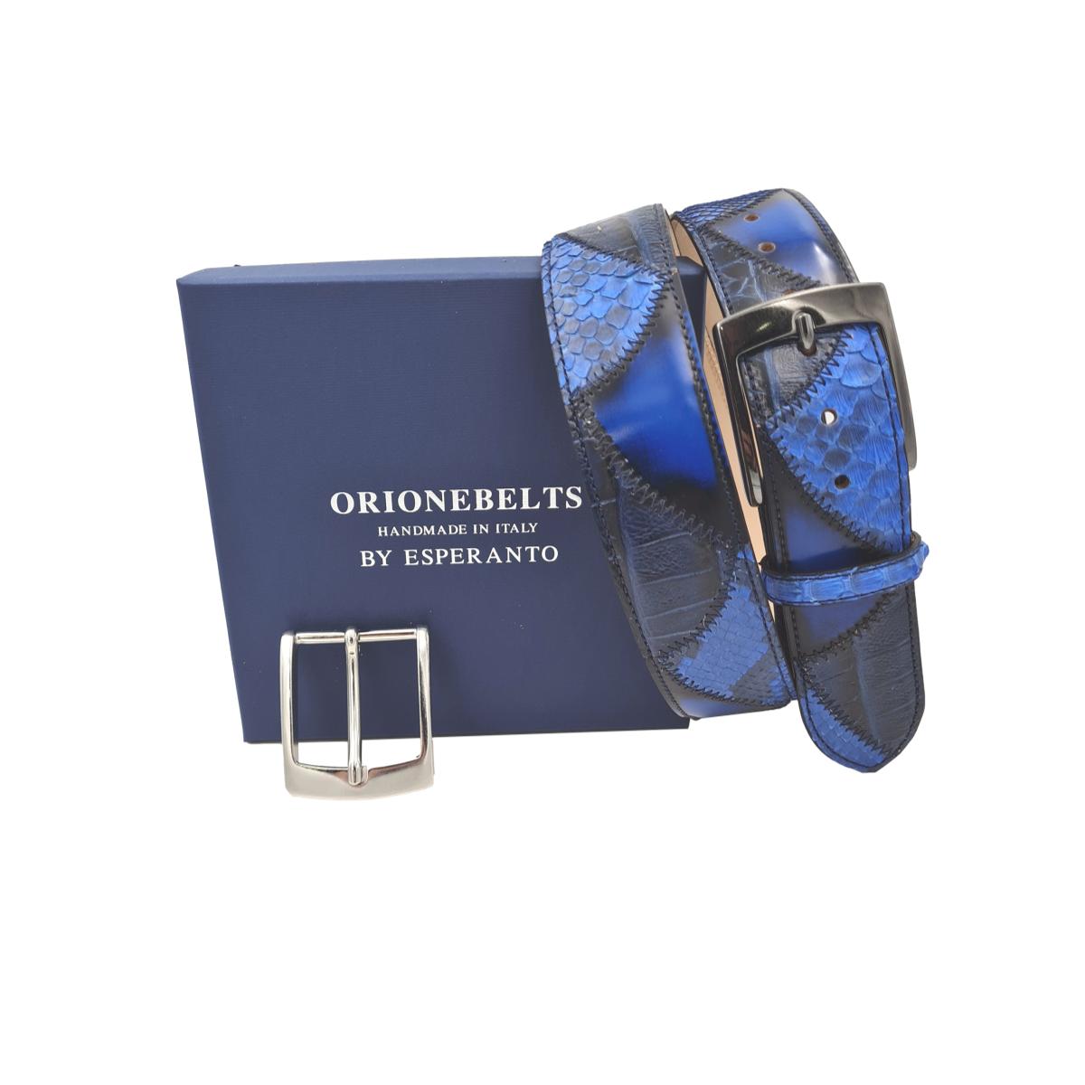 Vela Antiqued - Cintura 4 cm in Vero Pitone e cuoio anticato a mano - Blu