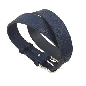 Cintura vero Cuoio 4 cm Accorciabile, fibbia  Satinata anallergica, Linea "Corteccia " - Blu