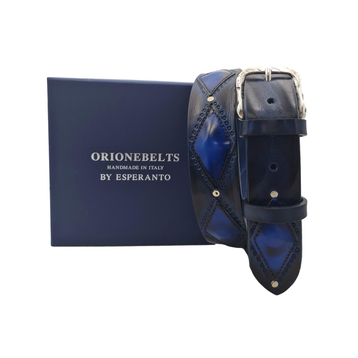 Antiqued Rhombus - Cintura 4 cm in Cuoio con rombi sfumati a mano con fibbia lavorata