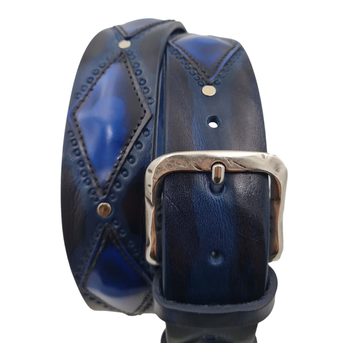 Antiqued Rhombus - Cintura 4 cm in Cuoio con rombi sfumati a mano con fibbia lavorata