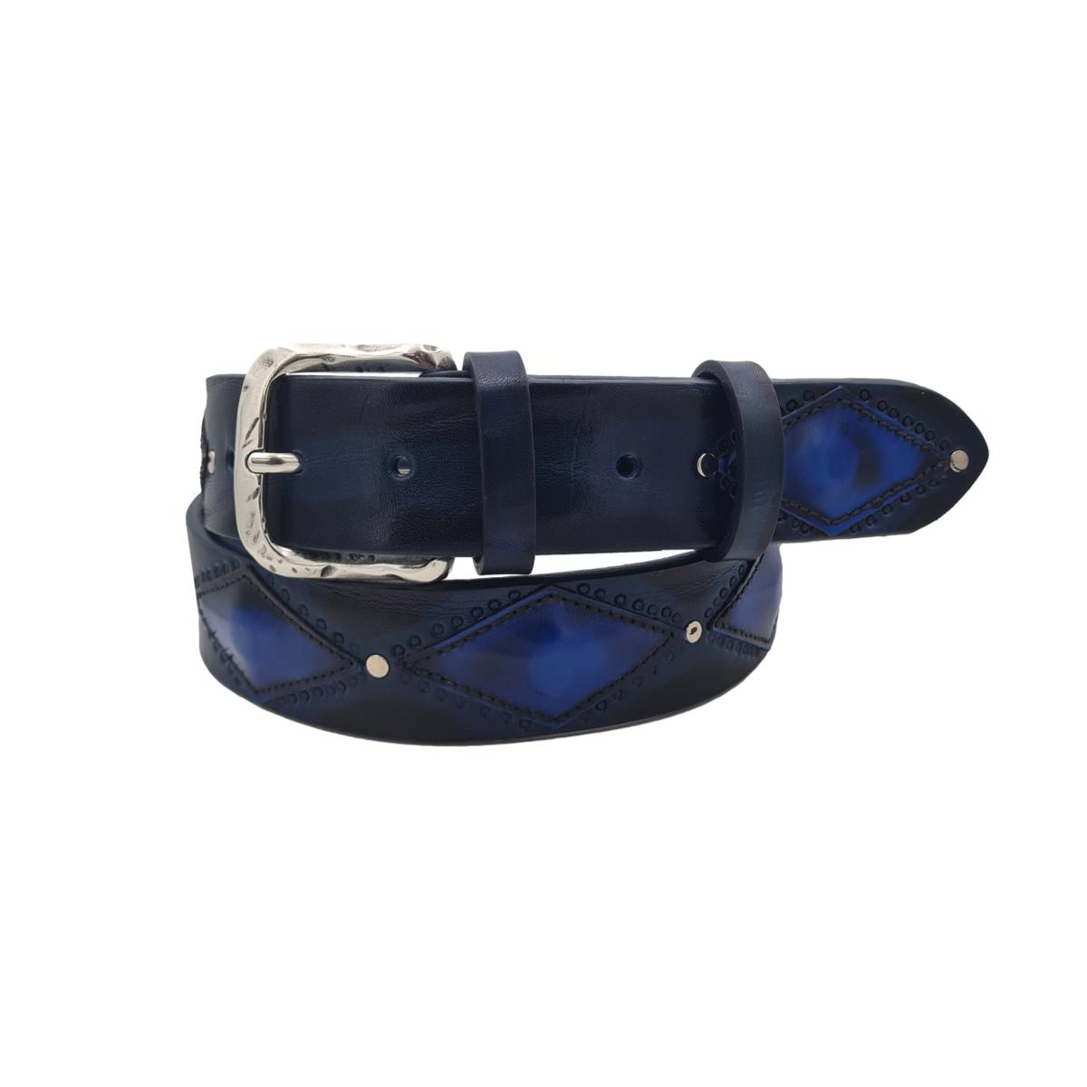 Antiqued Rhombus - Cintura 4 cm in Cuoio con rombi sfumati a mano con fibbia lavorata