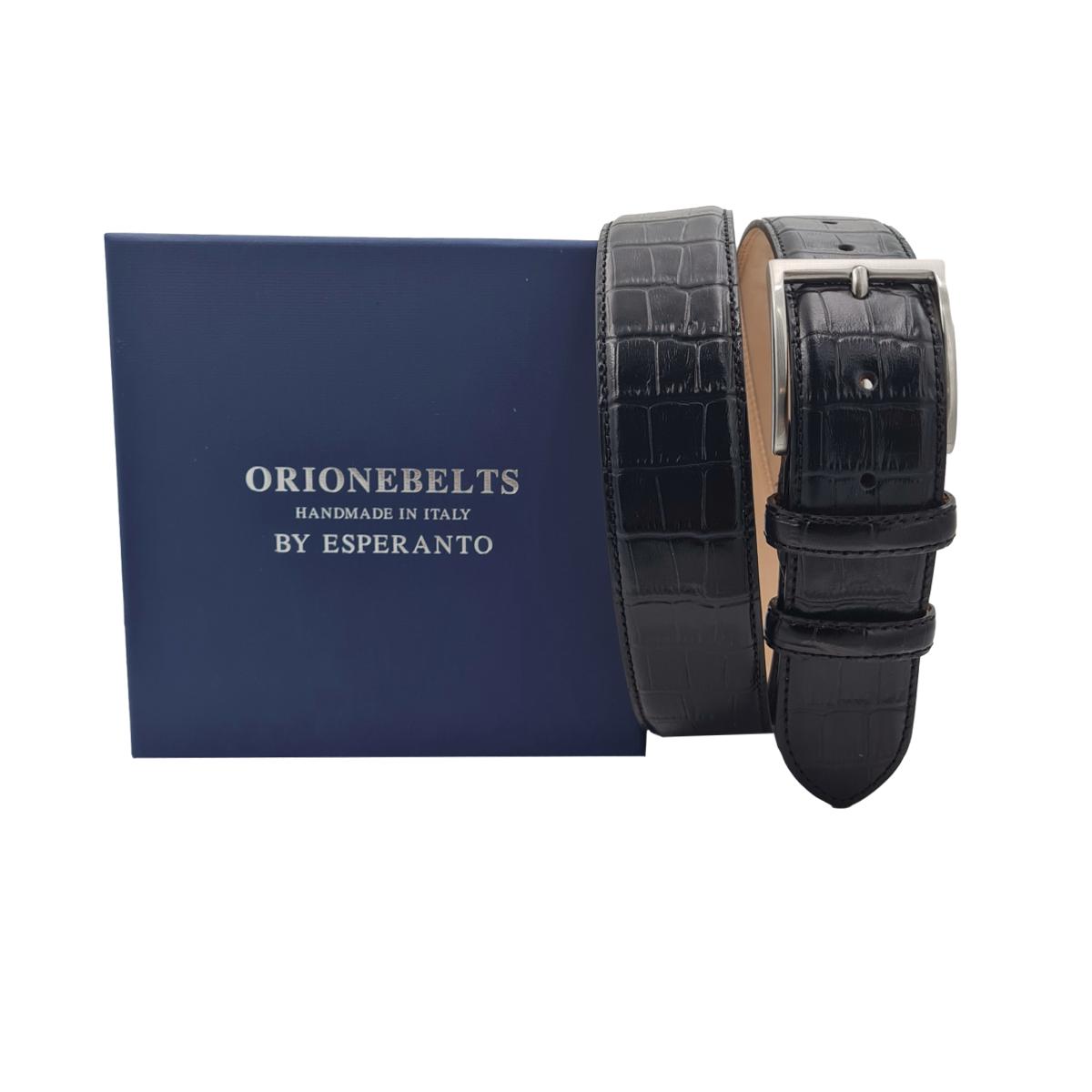 Cintura 4 cm in vero cuoio con stampa Coccodrillo ,Fodera in pelle e Fibbia 100% anallergica - Nero