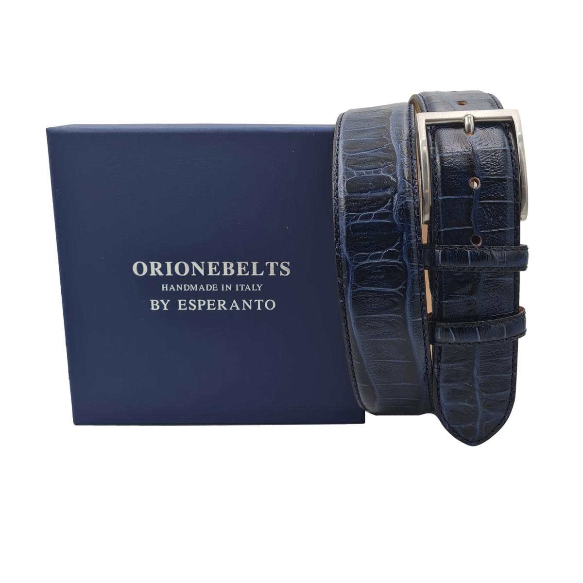 Cintura 4 cm in vero cuoio stampa Coccodrillo ,Fodera in pelle e Fibbia Nichel free - Blu