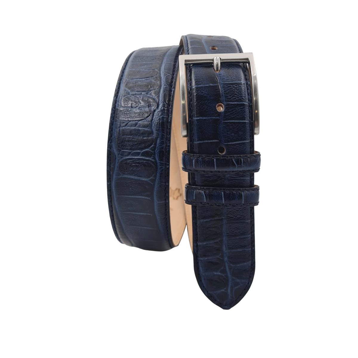 Cintura 4 cm in vero cuoio stampa Coccodrillo ,Fodera in pelle e Fibbia Nichel free - Blu