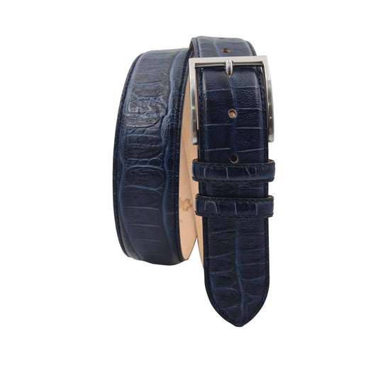 Cintura 4 cm in vero cuoio stampa Coccodrillo ,Fodera in pelle e Fibbia Nichel free - Blu