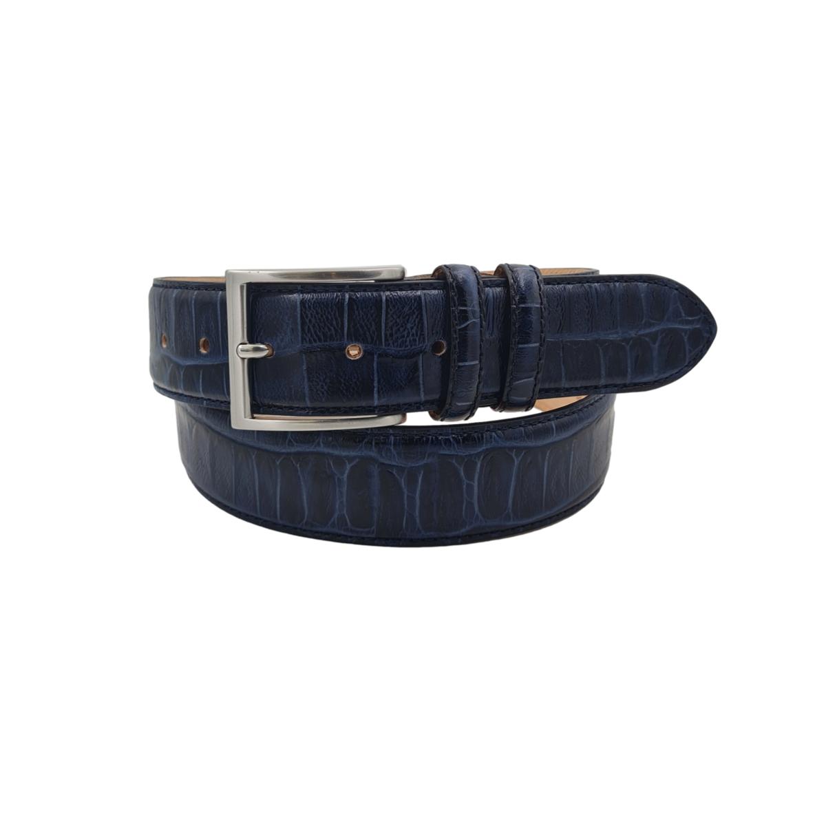 Cintura 4 cm in vero cuoio stampa Coccodrillo ,Fodera in pelle e Fibbia Nichel free - Blu
