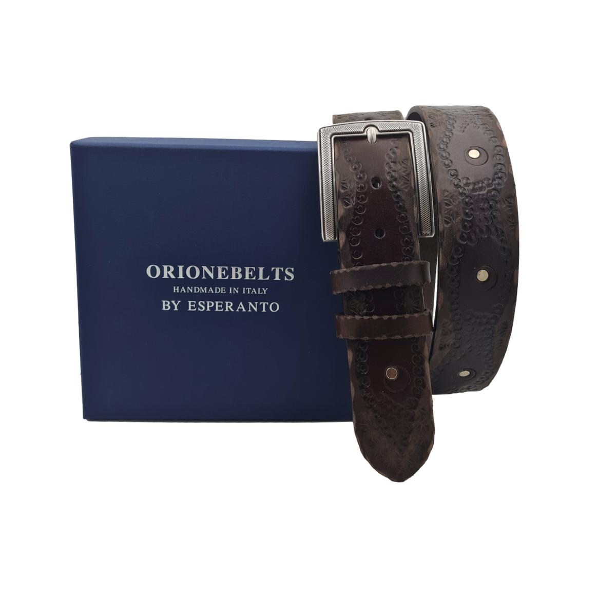 Cintura 4 cm in cuoio Moro ricamato con fibbia Lavorata e borchie metalliche