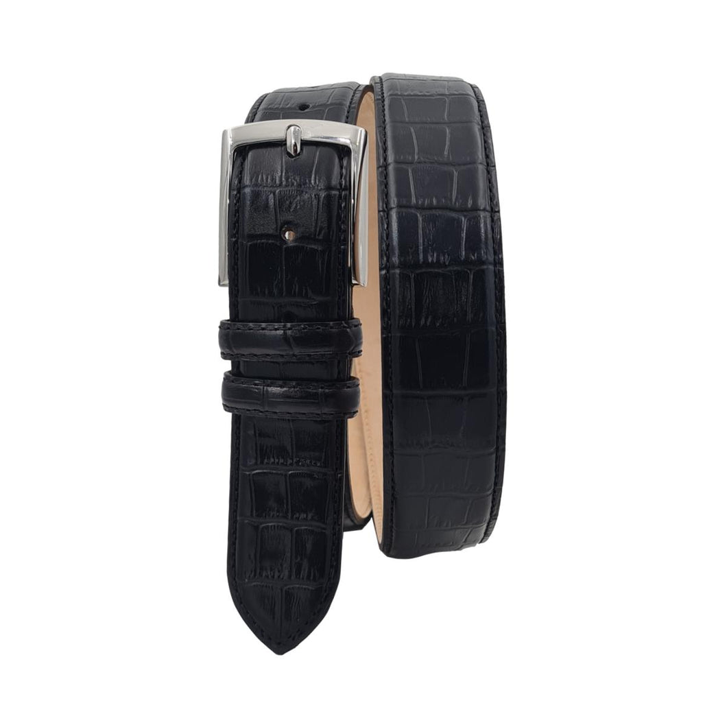Cintura 3,5 cm in vero cuoio con stampa Coccodrillo ,Fodera in pelle e Fibbia 100% anallergica - Nero