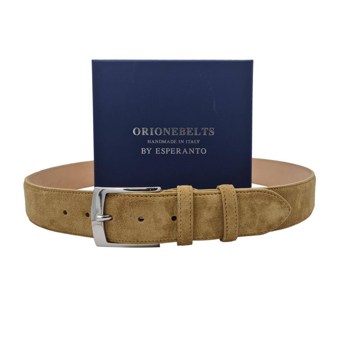 Cintura Uomo 4 cm in Pelle Scamosciata , fodera in pelle e fibbia anallergica - Camel - ESPERANTOBELTS