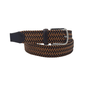 Cotton & Leather - Cintura 3,5 cm intrecciata elastica in cuoio e cotone con fibbia anallergica - Moro / Ecrù