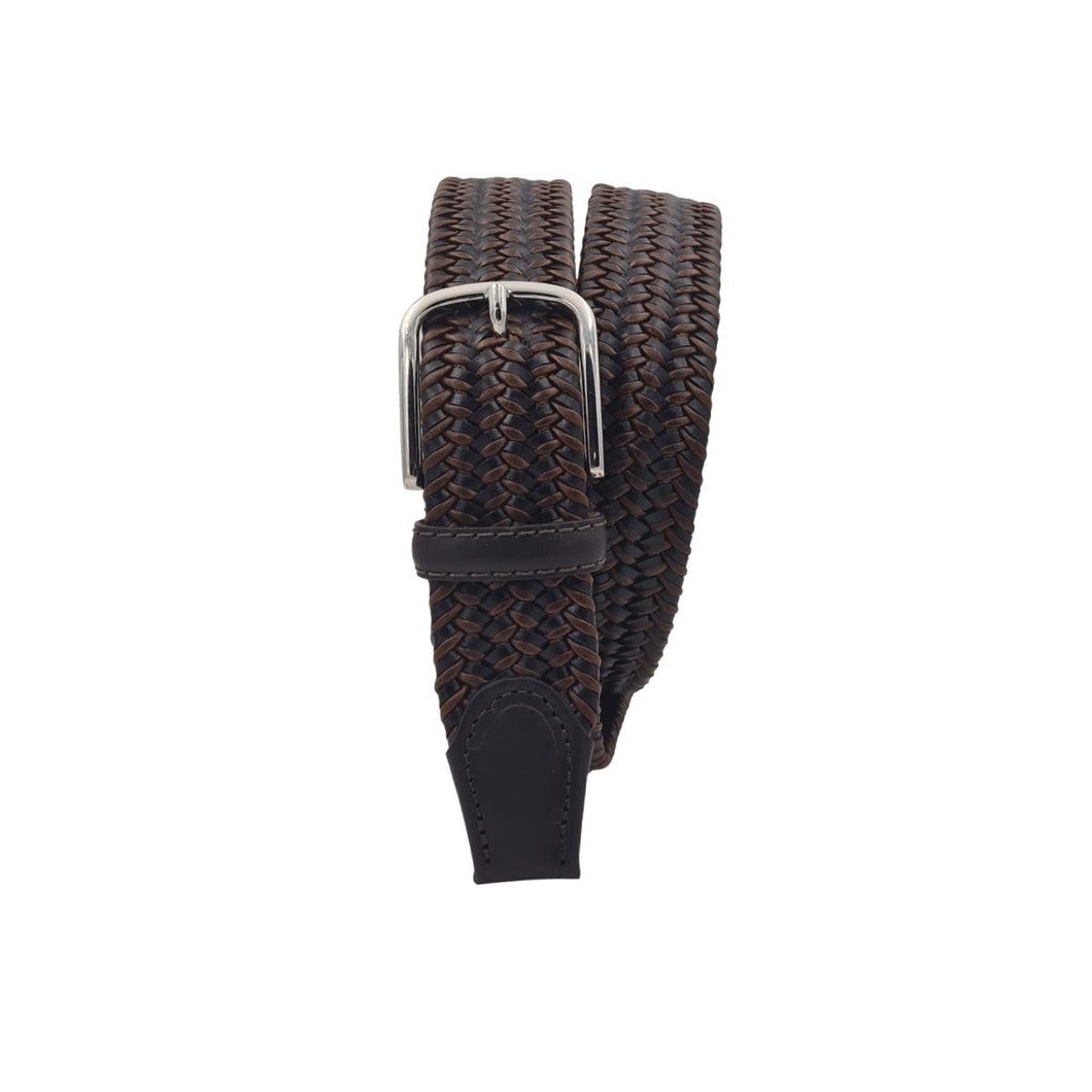 Cotton & Leather - Cintura 3,5 cm intrecciata elastica in cuoio e cotone con fibbia anallergica - Moro / Nocciola