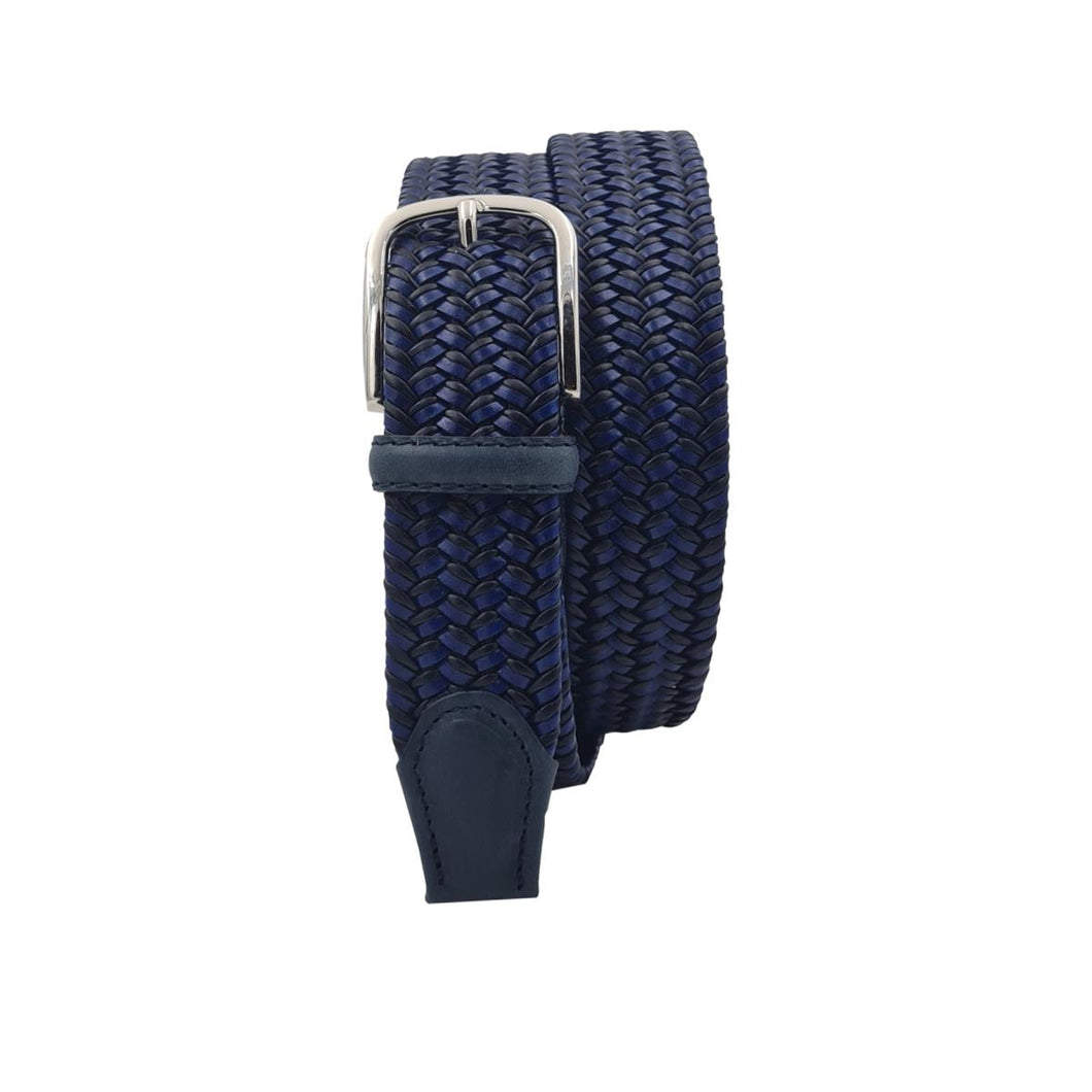 Cotton & Leather - Cintura 3,5 cm intrecciata elastica in cuoio e cotone con fibbia anallergica - Blu / Nero