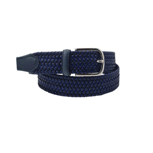Cotton & Leather - Cintura 3,5 cm intrecciata elastica in cuoio e cotone con fibbia anallergica - Blu / Nero