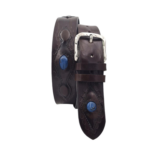 Cintura 4 cm in vero cuoio di toro ricamato con fibbia Argento america e dettagli anticati