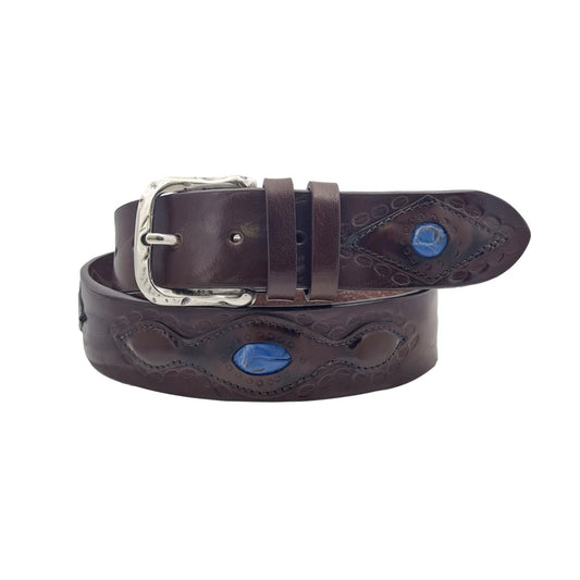 Cintura 4 cm in vero cuoio di toro ricamato con fibbia Argento america e dettagli anticati