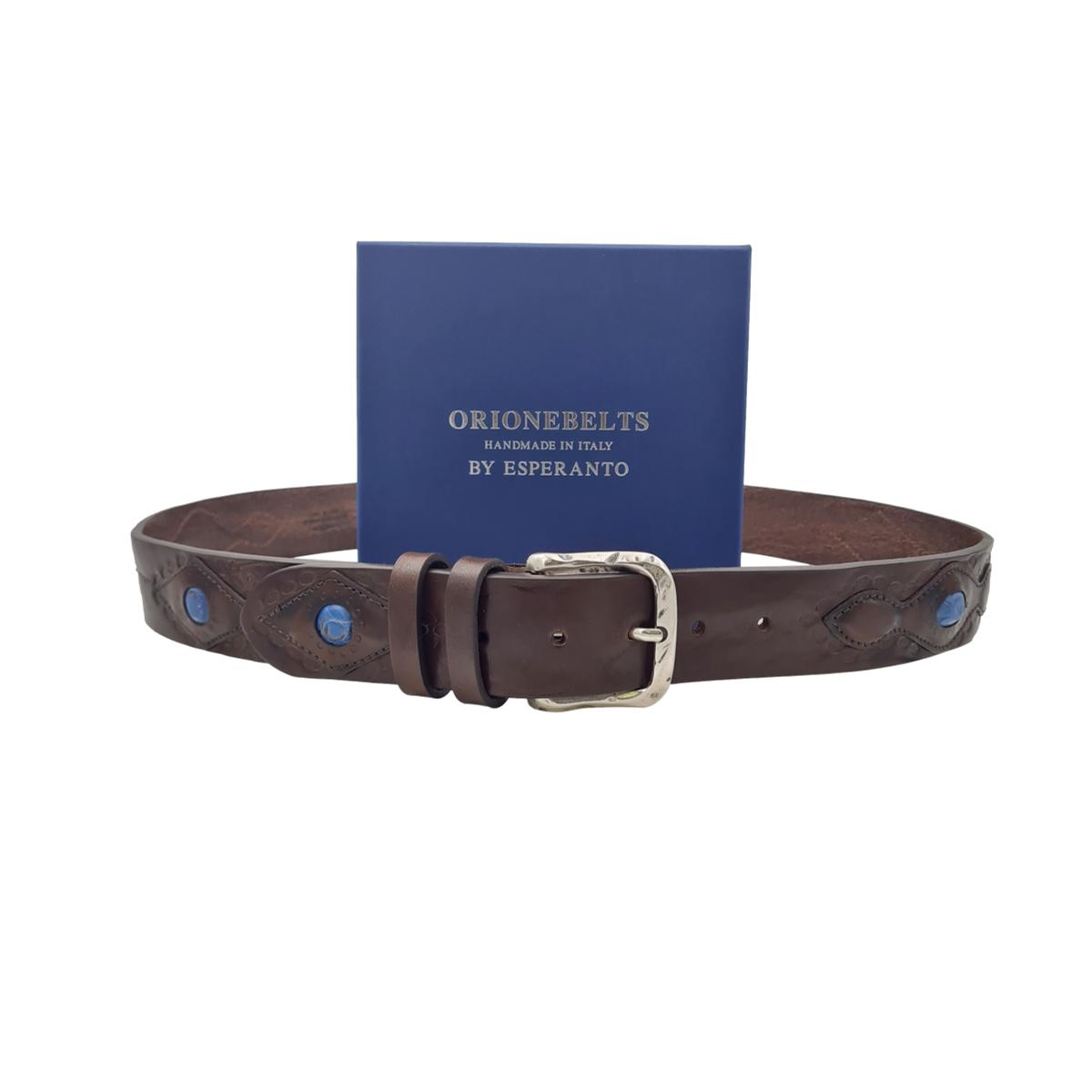 Cintura 4 cm in vero cuoio di toro ricamato con fibbia Argento america e dettagli anticati