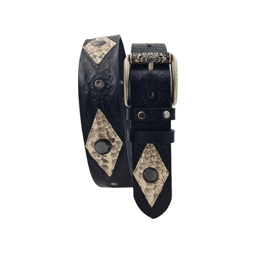 Cintura 4 cm colore Nero in cuoio intarsiato a mano con rombi in vero pitone e borchie metalliche