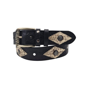 Cintura 4 cm colore Nero in cuoio intarsiato a mano con rombi in vero pitone e borchie metalliche