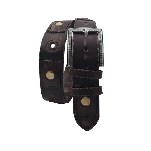 Cintura 4 cm in cuoio di toro traforata con inserti anticati e fibbia zigrinata