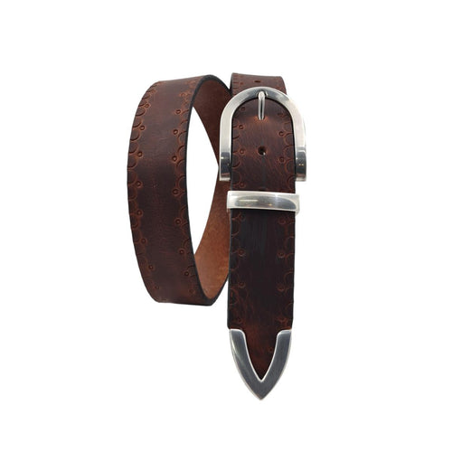 Cintura 3,5 cm in cuoio ingrassato Rum con Passante e puntale metallici con fantasie tribali