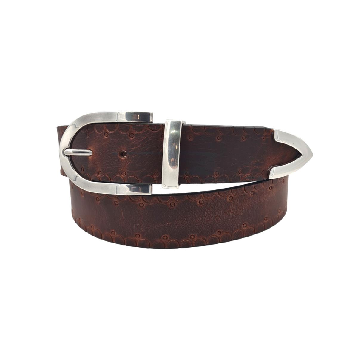 Cintura 3,5 cm in cuoio ingrassato Rum con Passante e puntale metallici con fantasie tribali - ESPERANTOBELTS