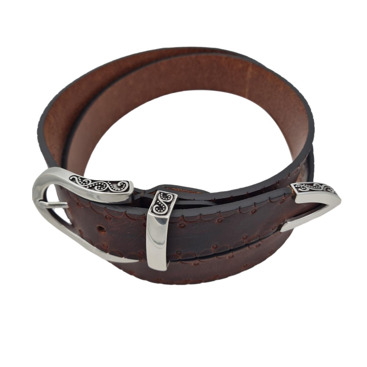 Cintura 3,5 cm in cuoio ingrassato Rum con Passante e puntale metallici con fantasie tribali - ESPERANTOBELTS