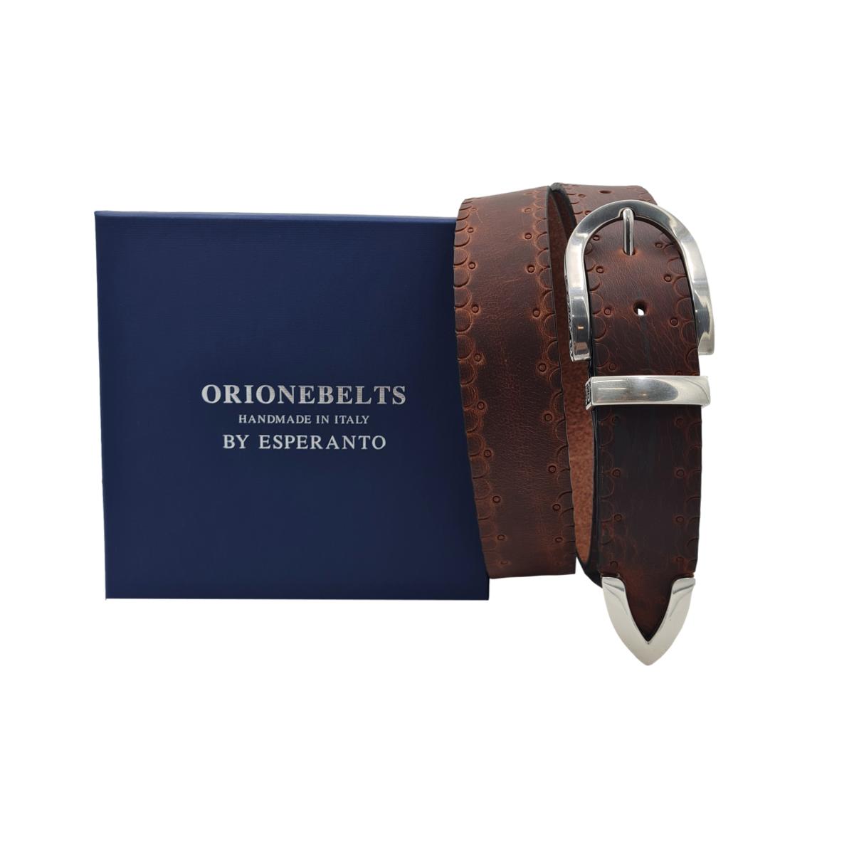 Cintura 3,5 cm in cuoio ingrassato Rum con Passante e puntale metallici con fantasie tribali - ESPERANTOBELTS