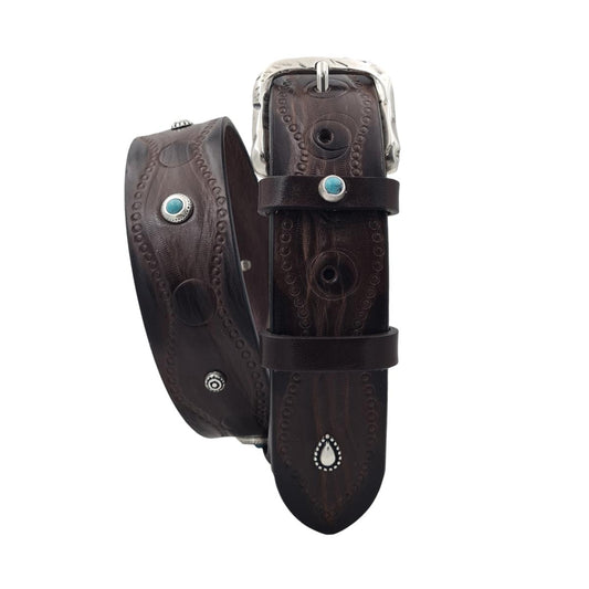 Cintura 4 cm in cuoio moro lavorato a mano e intarsiato da borchie metalliche celeste e argento