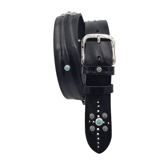 Cintura Nera 4 cm in vero cuoio con Fibbia Vintage e borchie metalliche argentate e celeste