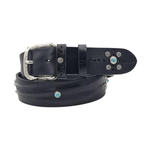 Cintura Nera 4 cm in vero cuoio con Fibbia Vintage e borchie metalliche argentate e celeste