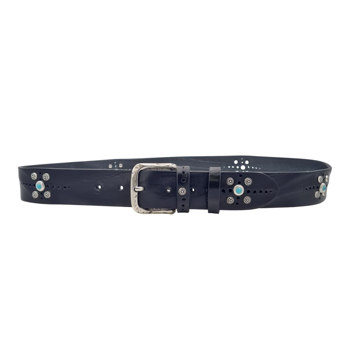 Cintura Nera 4 cm in vero cuoio con Fibbia Vintage e borchie metalliche argentate e celeste