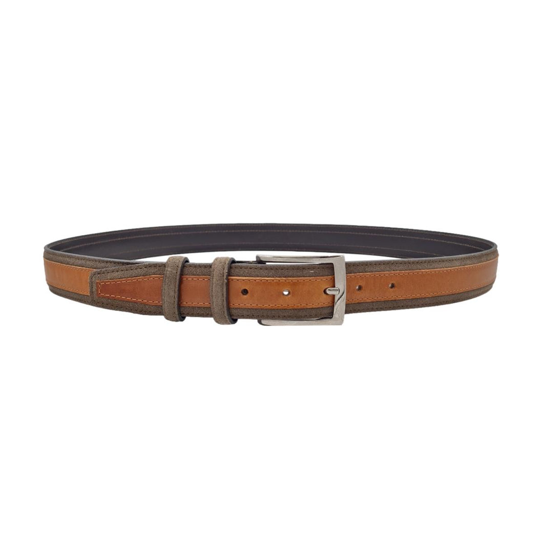 Cintura in cuoio e pelle scamosciata 3,5 cm bicolore con fibbia anallergica - Marrone Medio