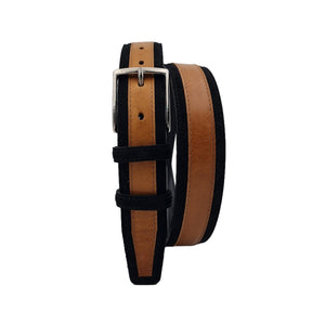 Cintura in cuoio e pelle scamosciata 3,5 cm bicolore con fibbia anallergica - Nero