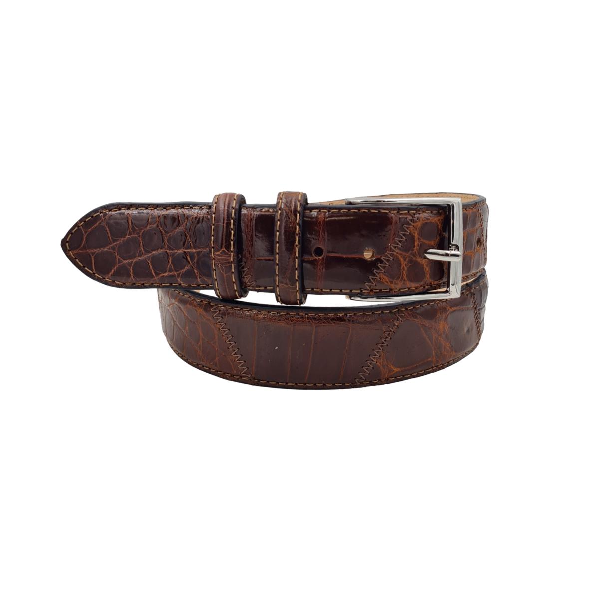 Cintura  3,5 cm in vero Coccodrillo Cognac lucido con fibbia argentata anallergica