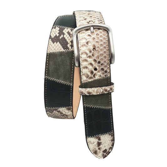 Cintura Verde Militare 4 cm in  pitone , coccodrillo e Pelle scamosciata - fibbia anallergica