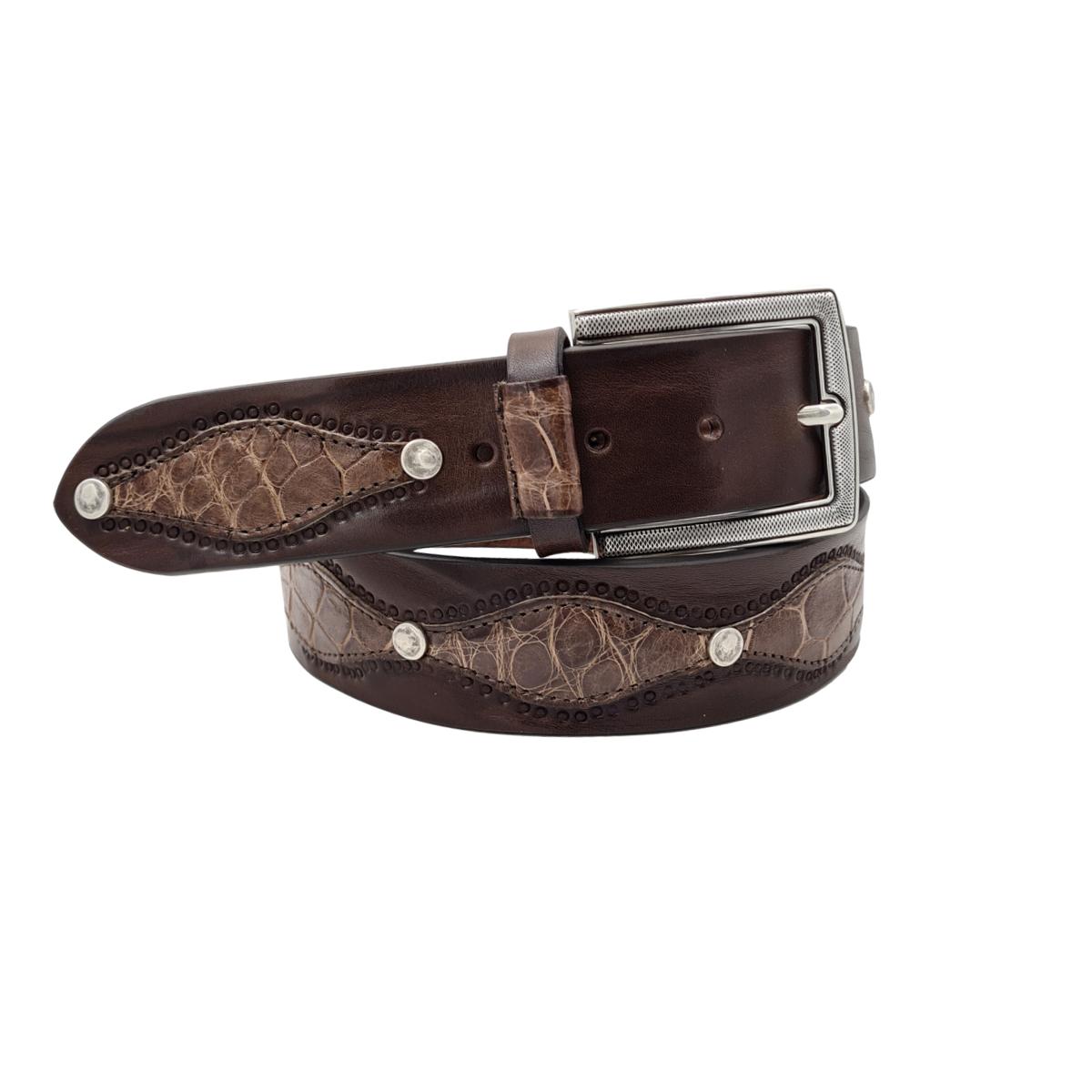 Cintura 4 cm in vero cuoio e vero coccodrillo con borchie metalliche e fibbia intarsiata. - ESPERANTOBELTS