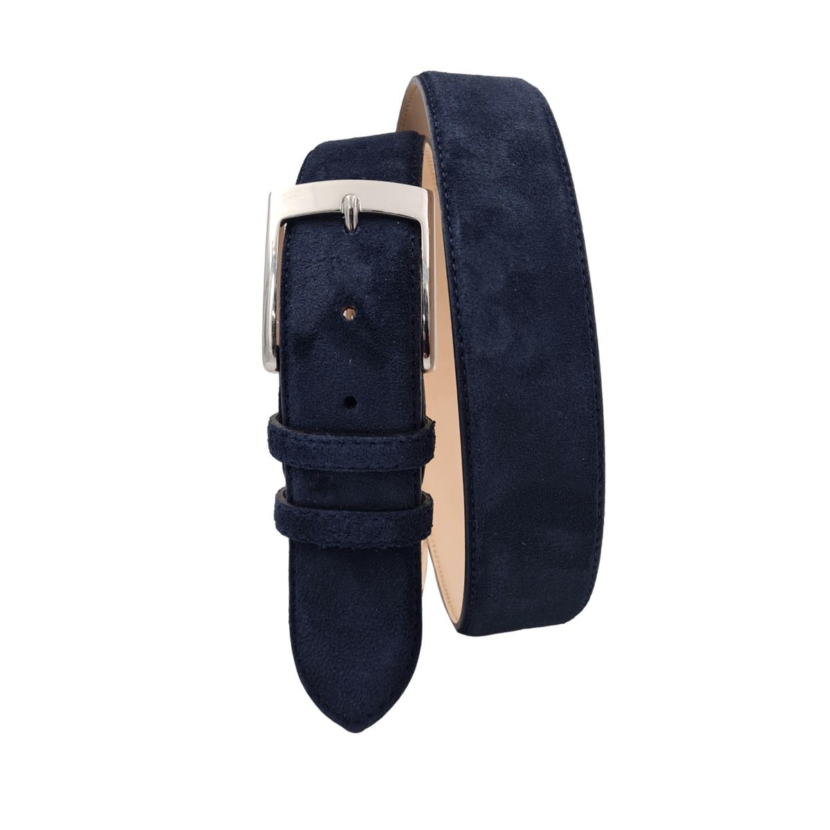 Cintura Uomo 4 cm in Pelle Scamosciata , fodera in pelle e fibbia anallergica - Blu