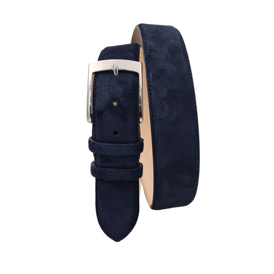 Cintura Uomo 4 cm in Pelle Scamosciata , fodera in pelle e fibbia anallergica - Blu