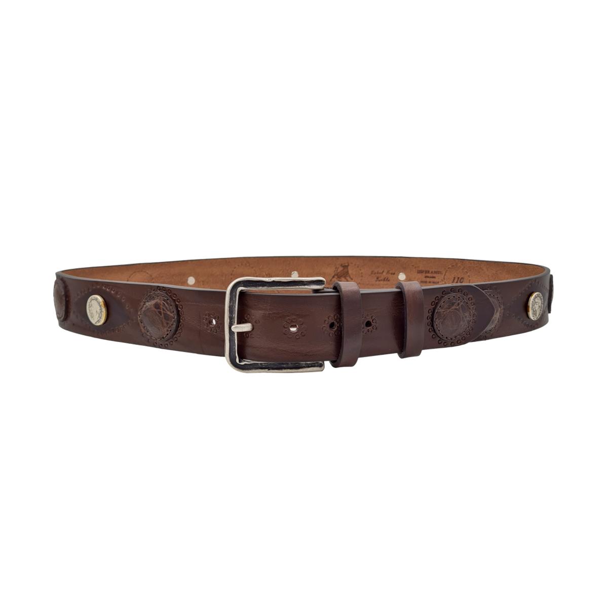 Cintura 4 cm in vero cuoio con borchie metalliche e decori circolari in vero coccodrillo