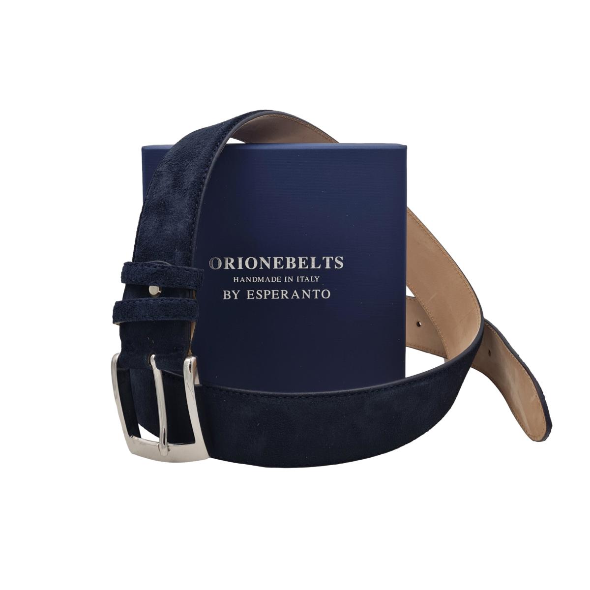 Cintura Uomo 4 cm in Pelle Scamosciata , fodera in pelle e fibbia anallergica - Blu