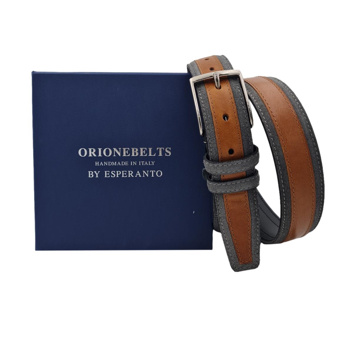 Cintura in cuoio e pelle scamosciata 3,5 cm bicolore con fibbia anallergica - Grigio