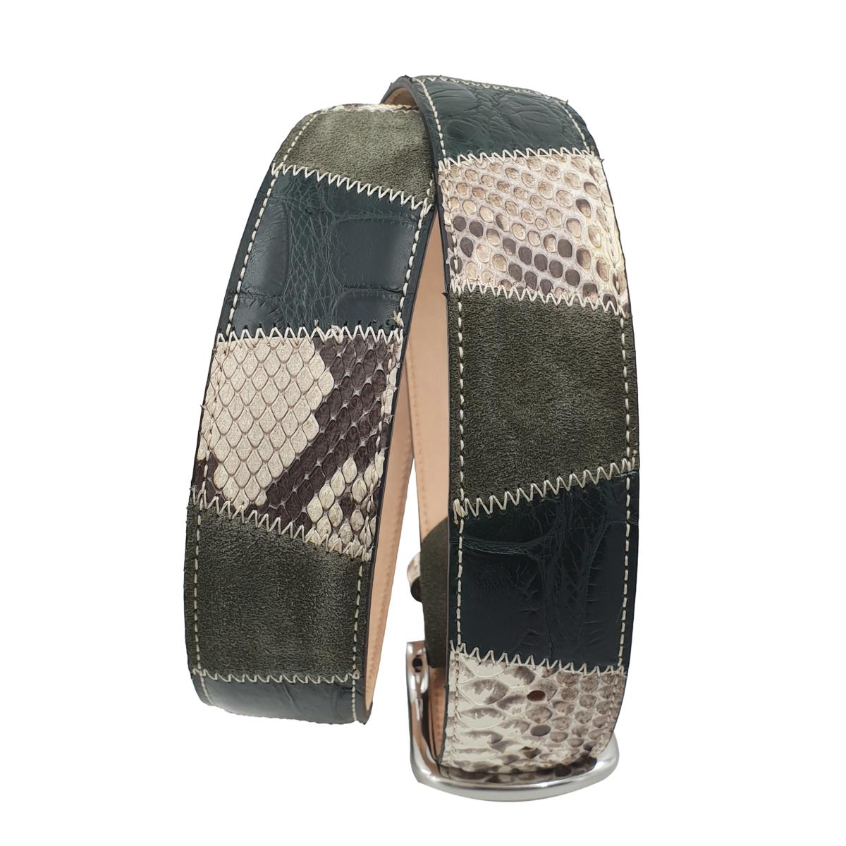 Cintura Verde Militare 4 cm in  pitone , coccodrillo e Pelle scamosciata - fibbia anallergica